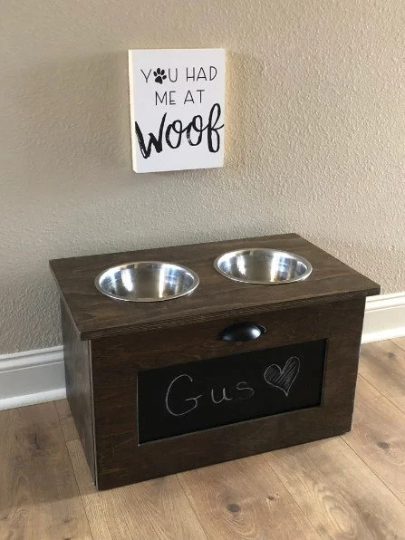 Two Bowl Size Elevated Dog Feeder in Dark Brown with a Chalkboard Front (DK BRWN- chalk | 2 bowl)