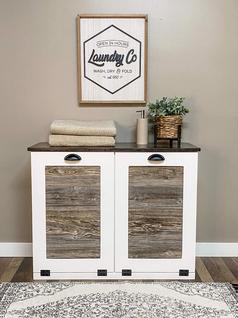 Dashwood Laundry in Soft White with a Stained Dark Brown Top Cedar Look Front