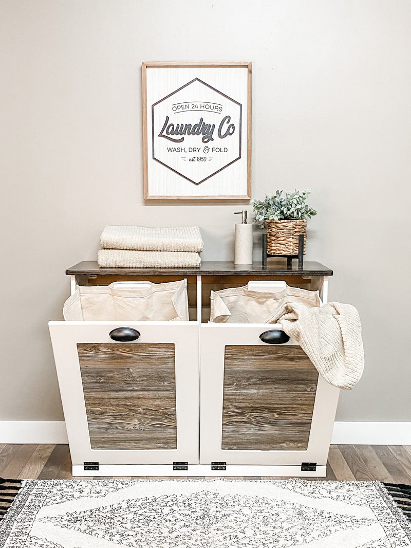 Dashwood Laundry in Soft White with a Stained Dark Brown Top Cedar Look Front