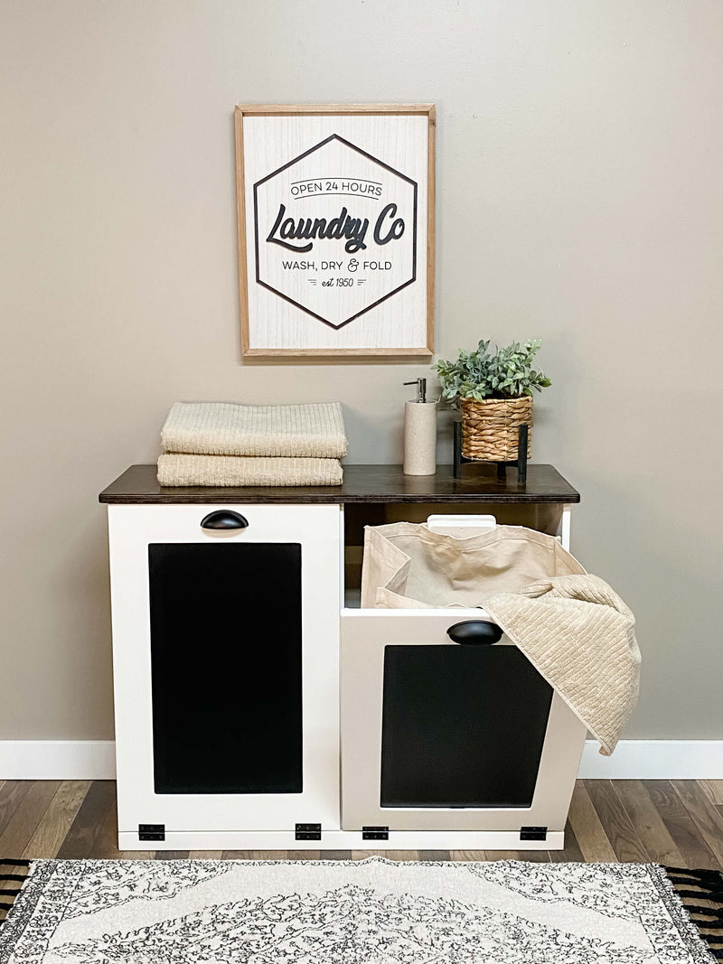 Dashwood Laundry in Soft White with a Stained Dark Brown Top Chalkboard Front