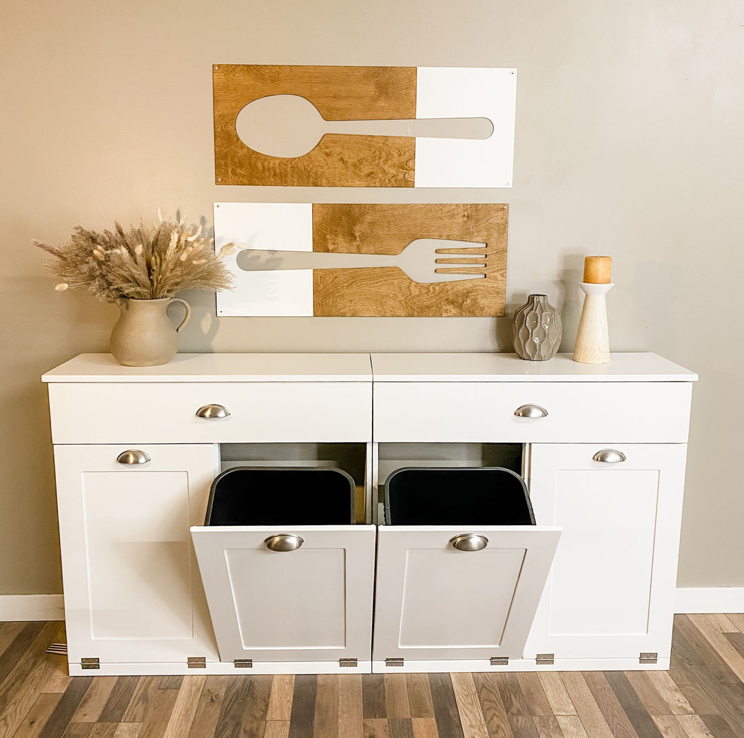 4 bin quad tilt out trash cabinet with a storage drawer in white