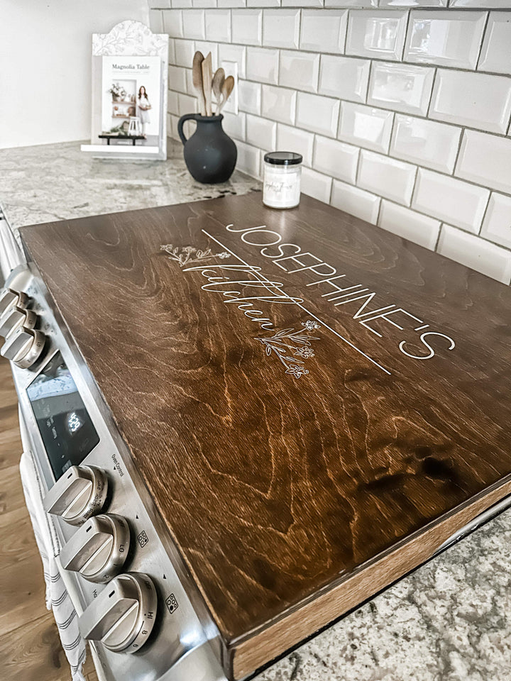 Personalized stove cover, warm brown + soft white "Josephine&