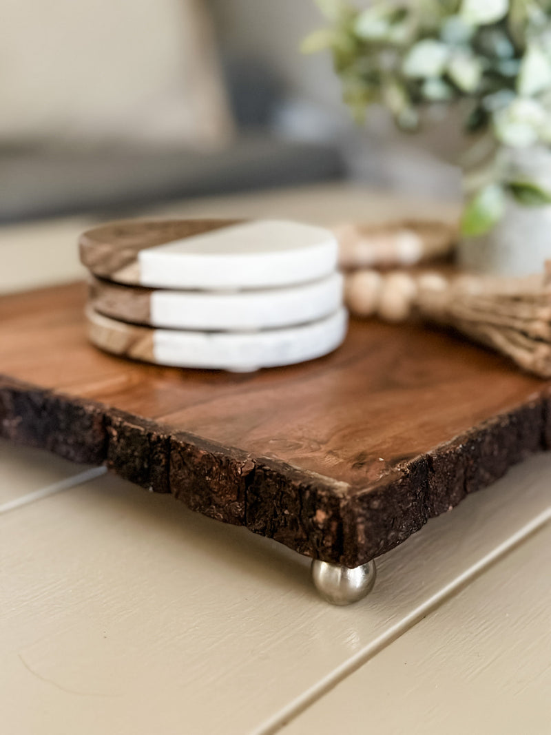 Personalized wood and marble coaster set