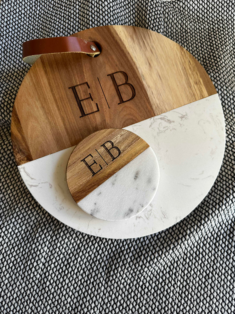 Personalized wood and marble coaster set