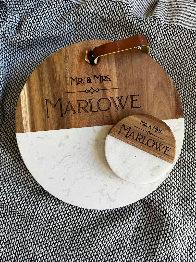 Personalized wood and marble coaster set