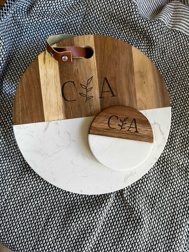 Personalized wood and marble coaster set