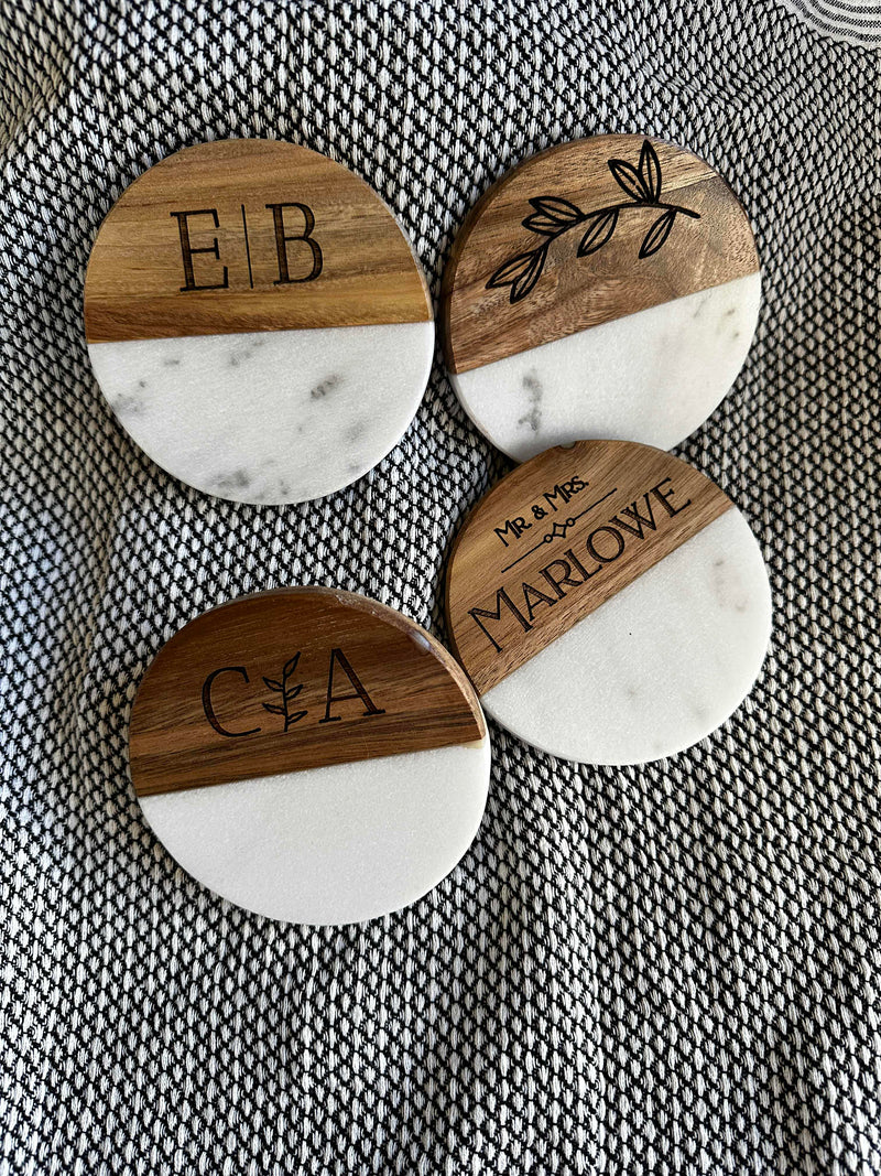 Personalized wood and marble coaster set