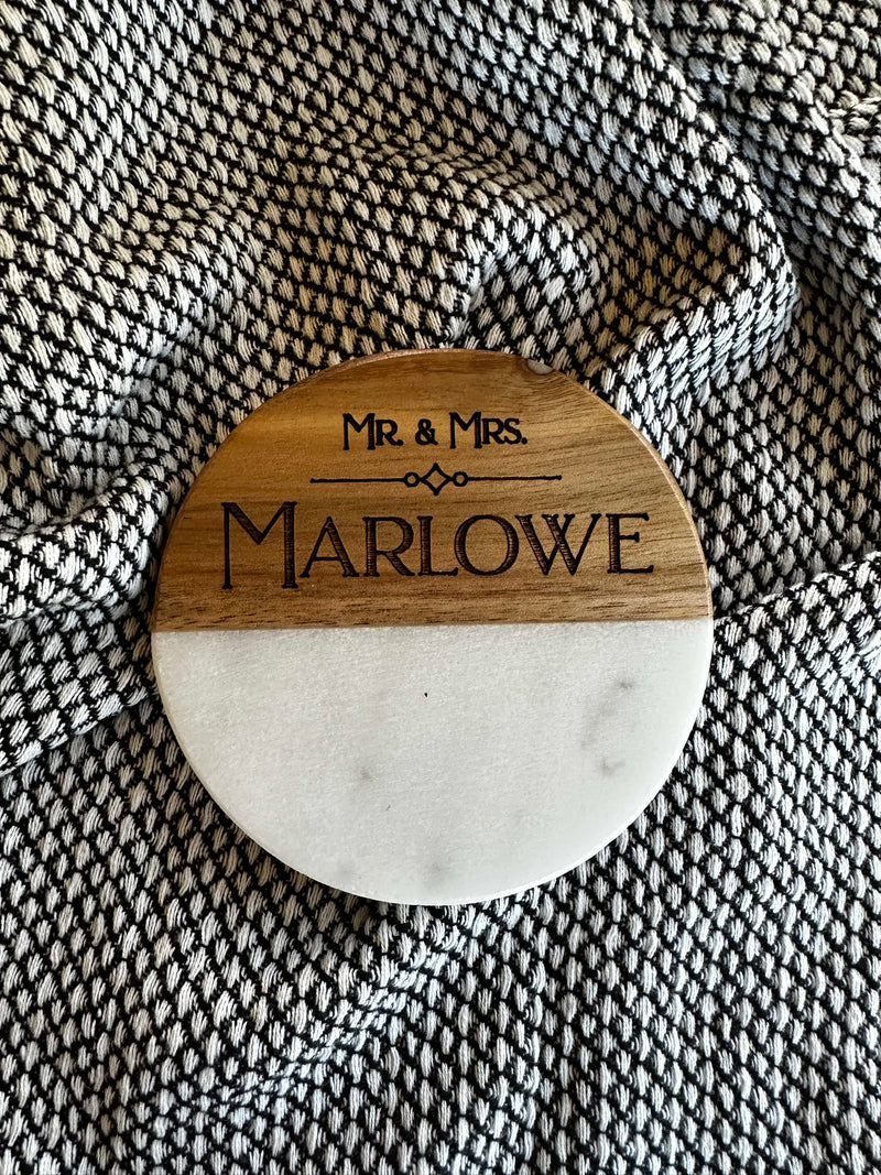 Personalized wood and marble coaster set