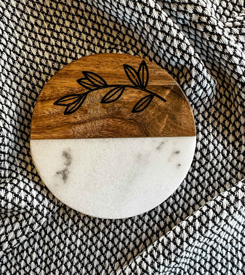 Personalized wood and marble coaster set