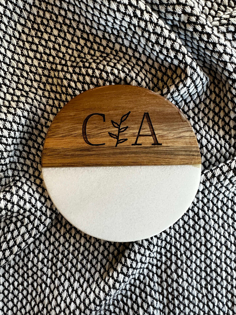 Personalized wood and marble coaster set