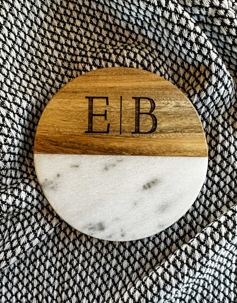 Personalized wood and marble coaster set