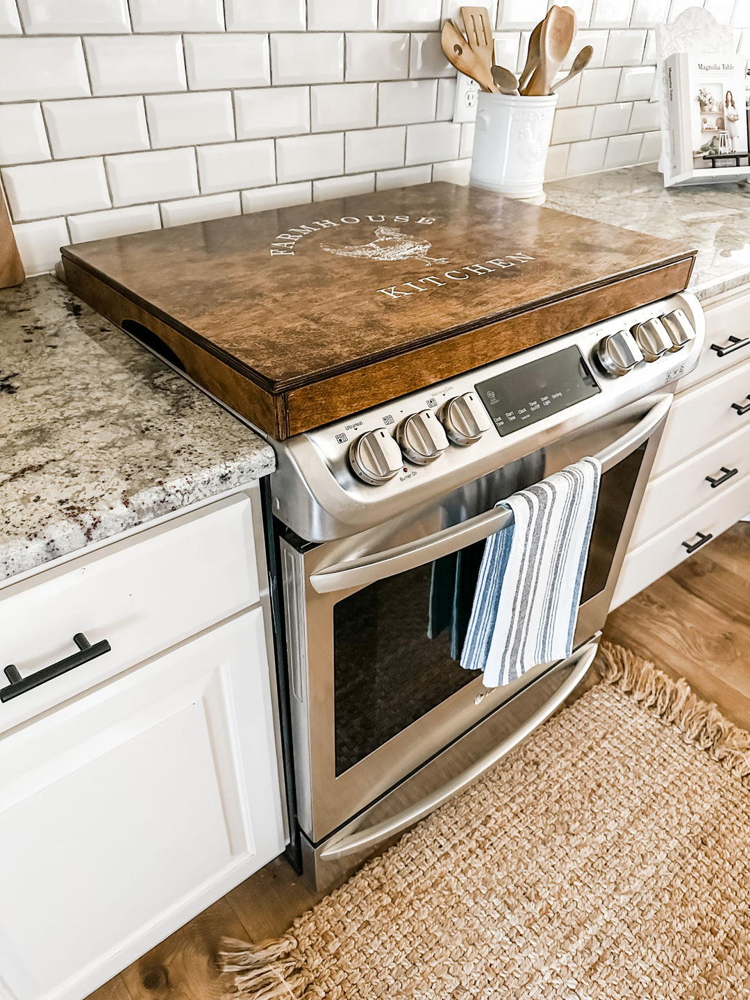"Farmhouse kitchen stove cover" in warm brown