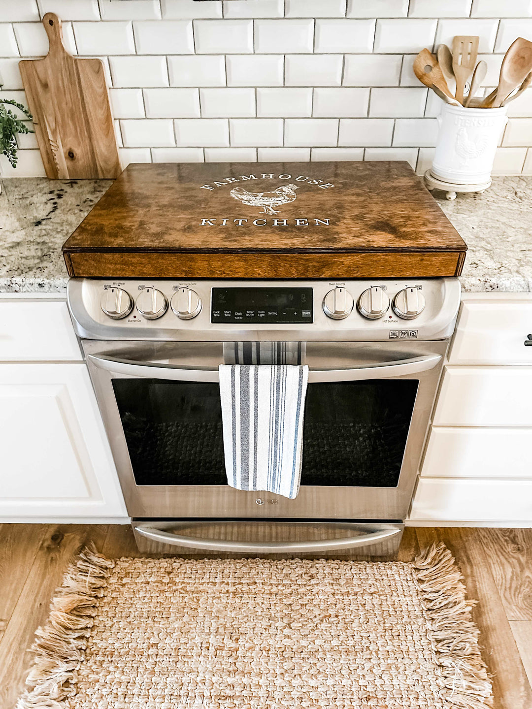 "Farmhouse kitchen stove cover" in warm brown