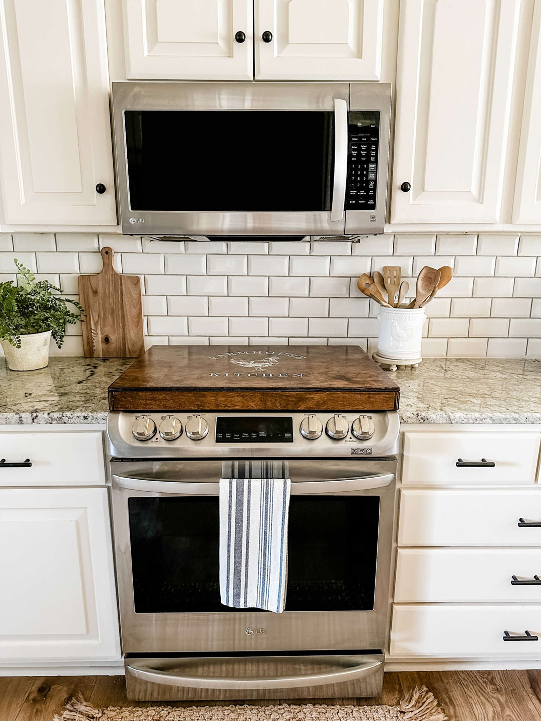 "Farmhouse kitchen stove cover" in warm brown