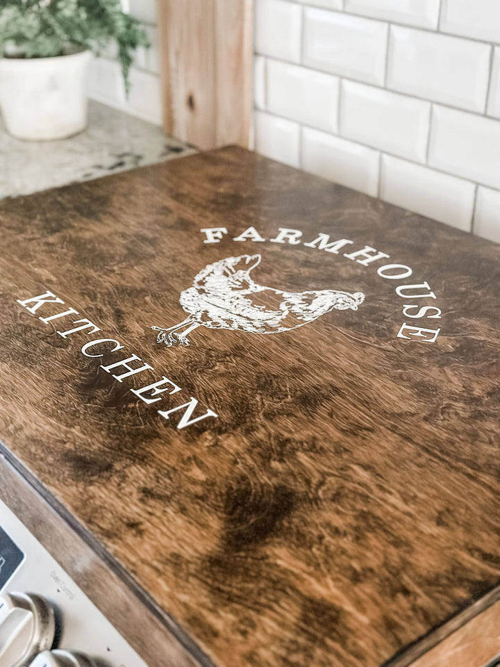 "Farmhouse kitchen stove cover" in warm brown