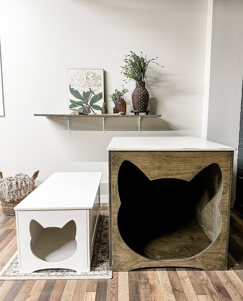 Maine Coon Size Hidden Litter Box in White with a Stained Top and Cedar Look Panel - EXTRA LARGE