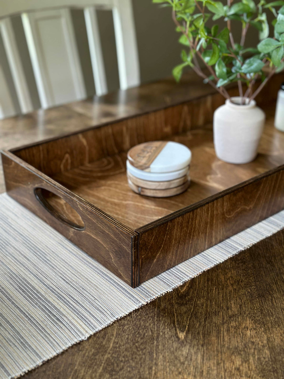 Counter organizer tray in warm brown stain