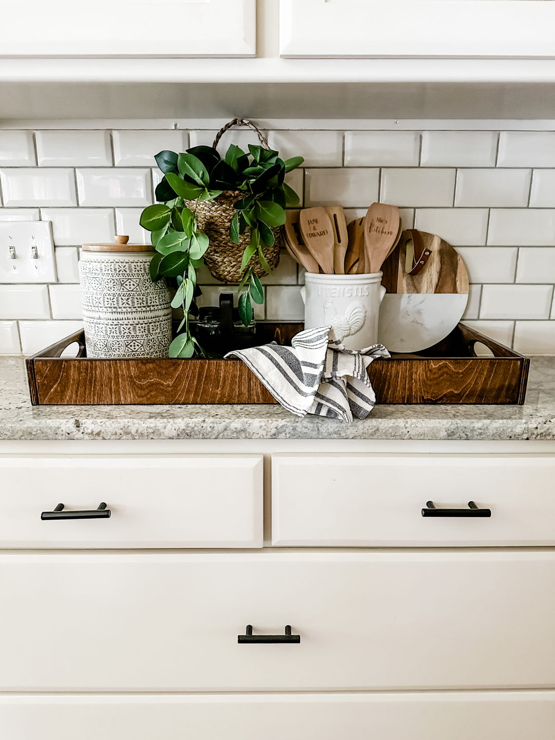 Counter organizer tray in warm brown stain