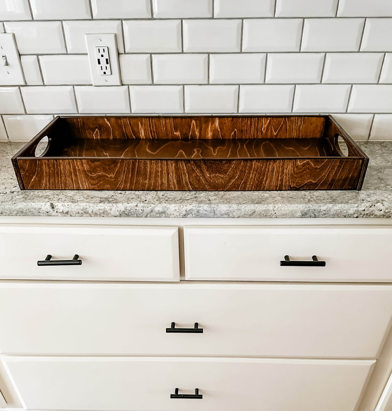 Counter organizer tray in warm brown stain