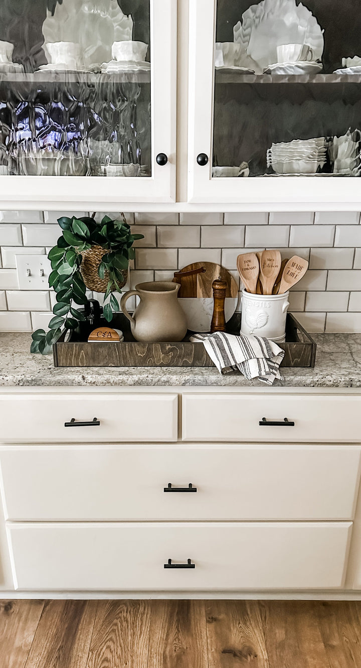 Counter organizer tray in gray brown stain