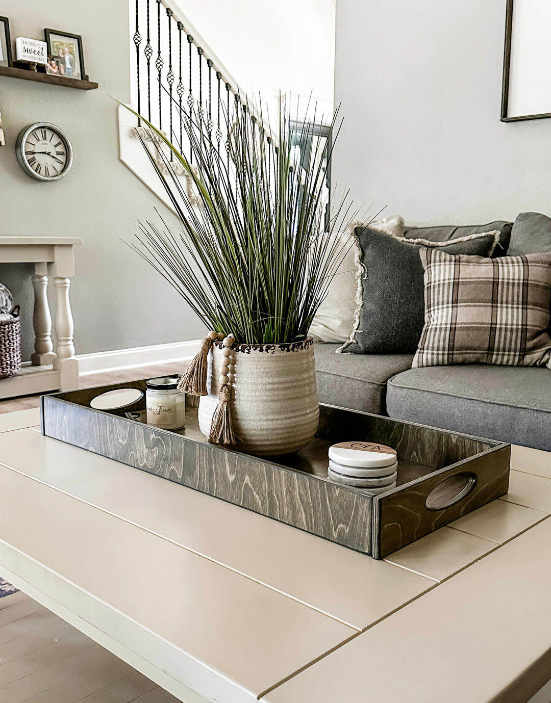 Counter organizer tray in gray brown stain