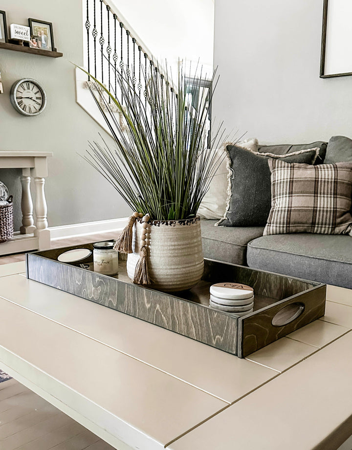 Counter organizer tray in gray brown stain