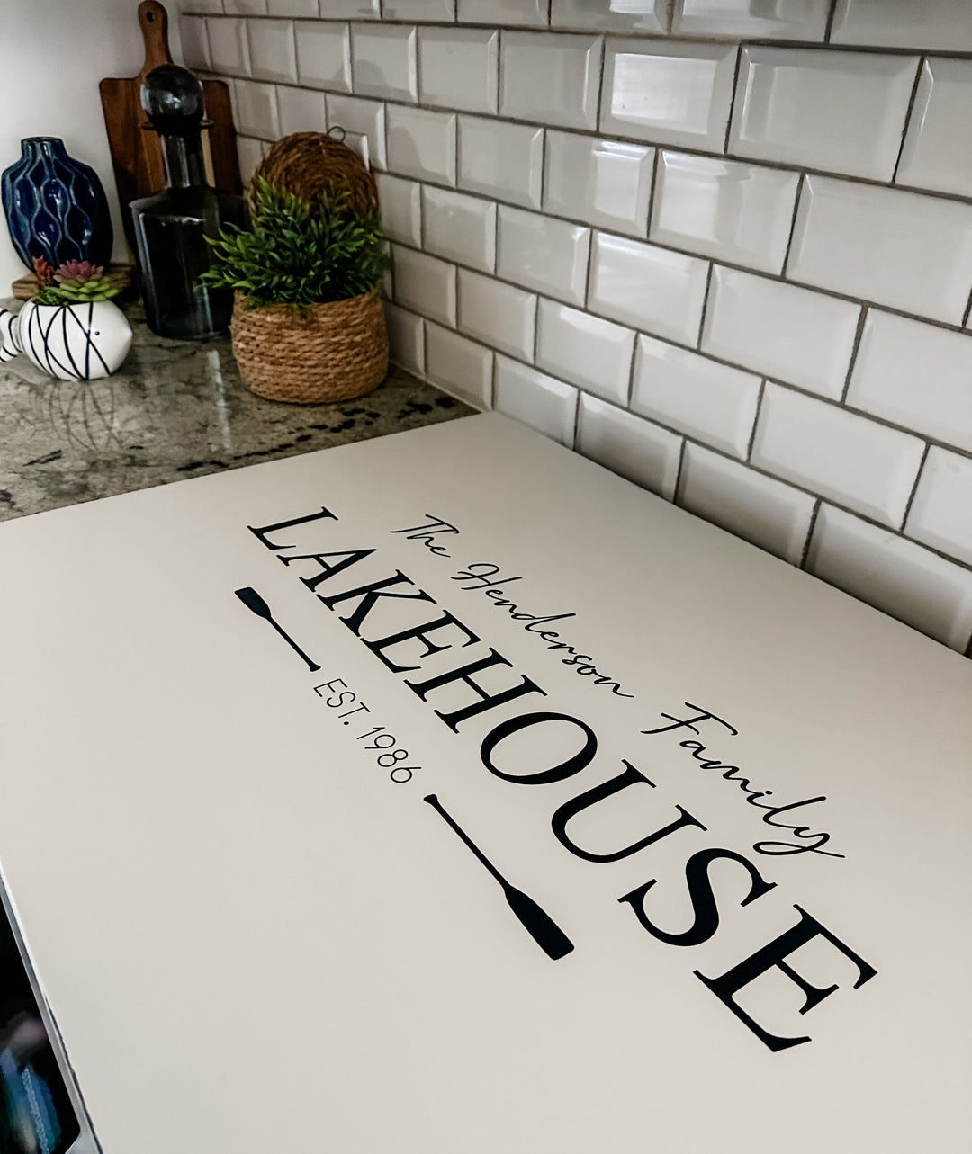 Personalized family lakehouse stove cover, ivory distressed + navy