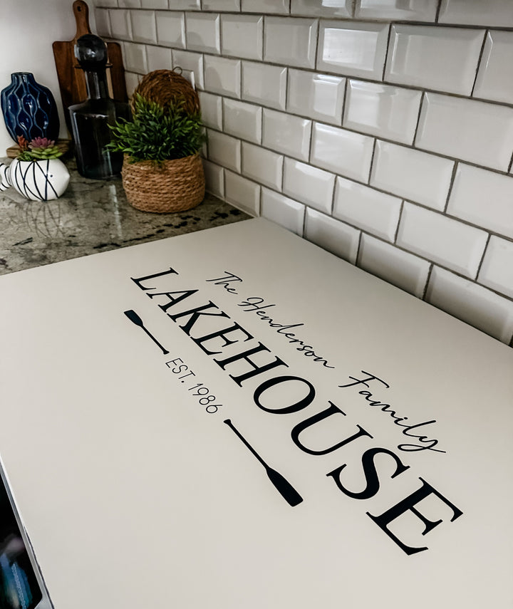 Personalized family lakehouse stove cover, ivory distressed + navy