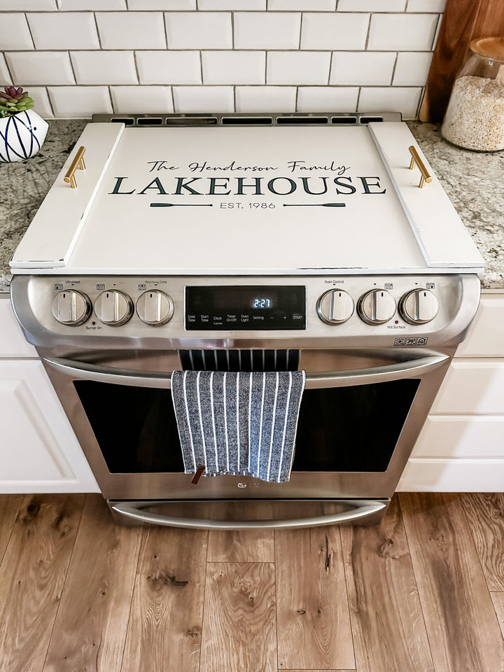 Personalized family lakehouse stove cover, ivory distressed + navy