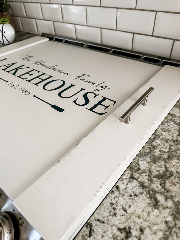 Personalized family lakehouse stove cover, ivory distressed + navy