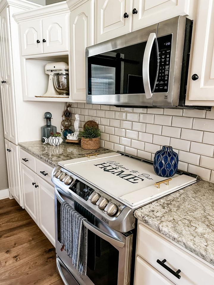 Welcome to our home - lake house anchor ivory distressed stove cover