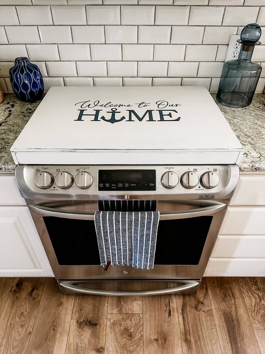 Welcome to our home - lake house anchor ivory distressed stove cover
