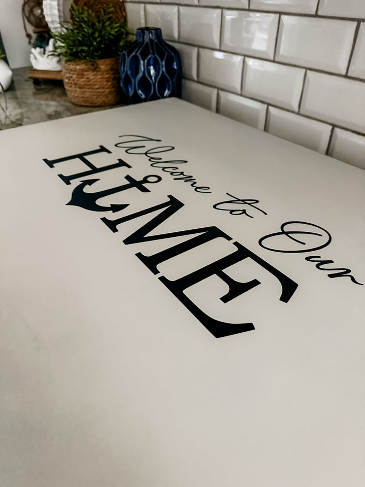 Welcome to our home - lake house anchor ivory distressed stove cover