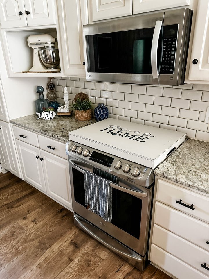 Welcome to our home - lake house anchor ivory distressed stove cover