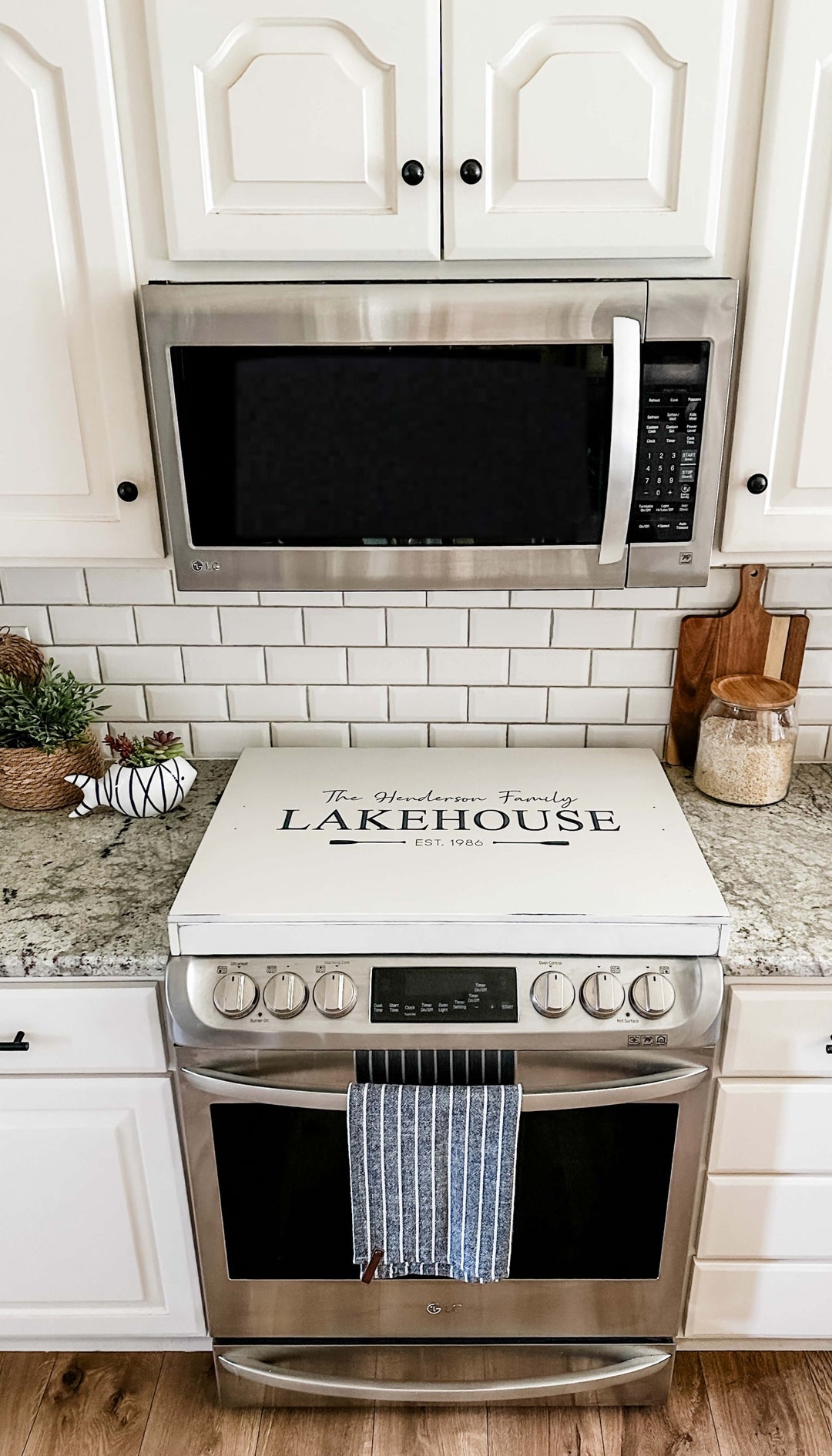 Personalized family lakehouse stove cover, ivory distressed + navy