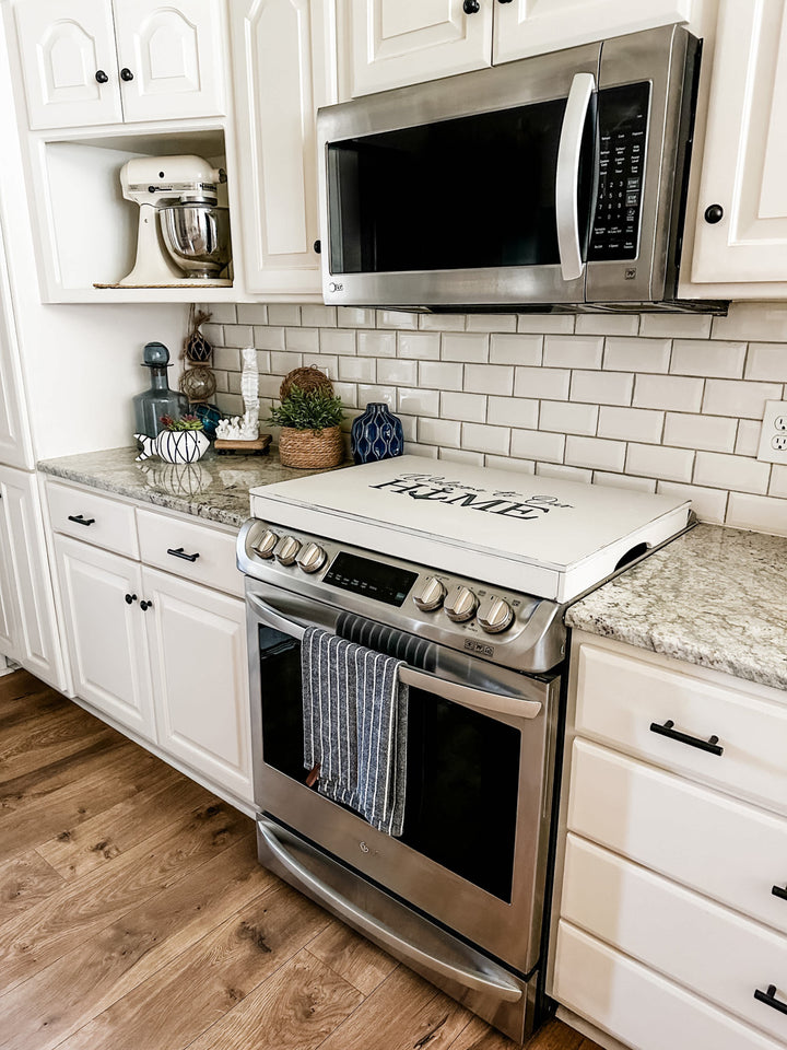 Welcome to our home - lake house anchor ivory distressed stove cover