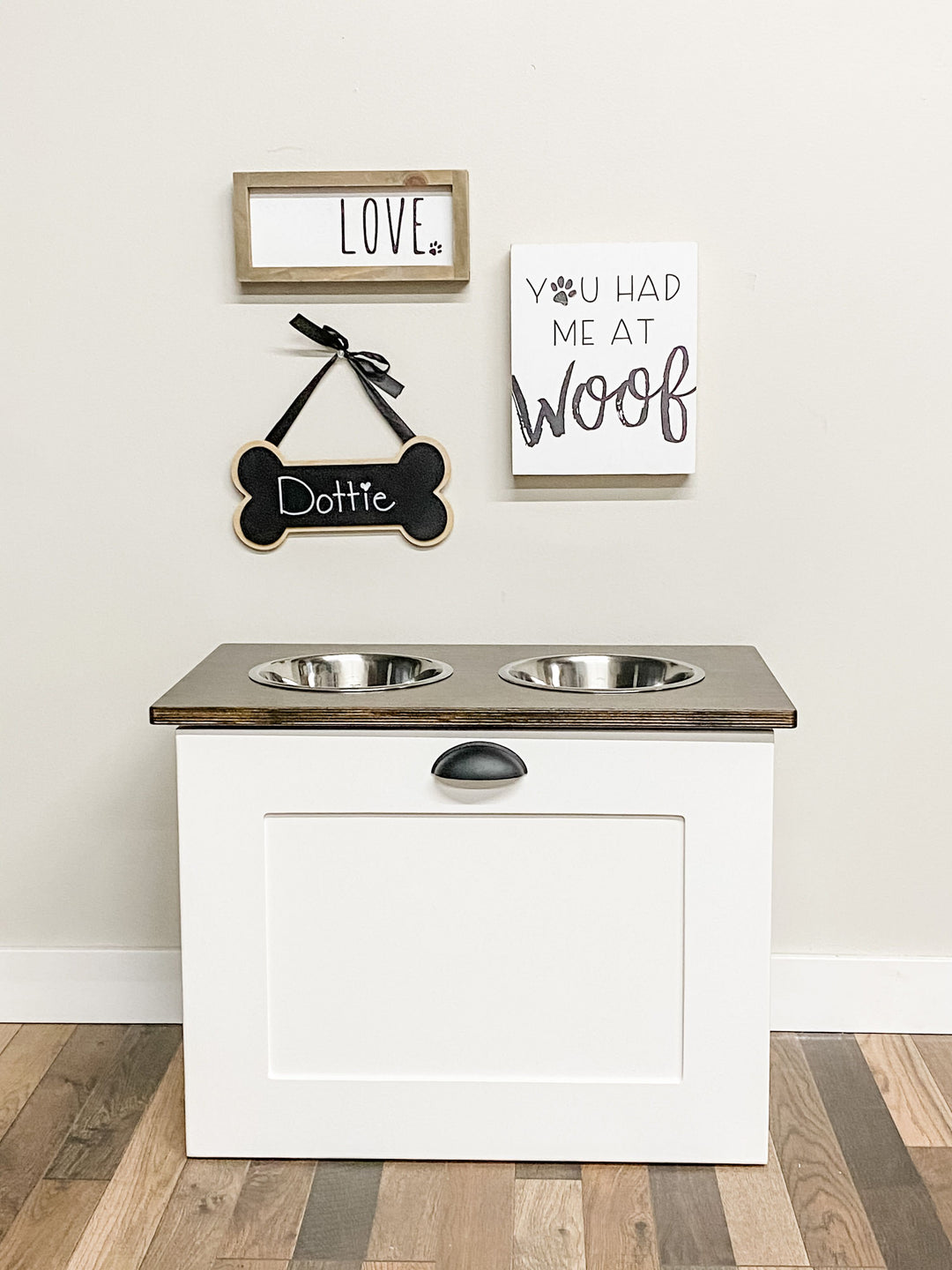 2 bowl elevated dog feeder with storage with stained top
