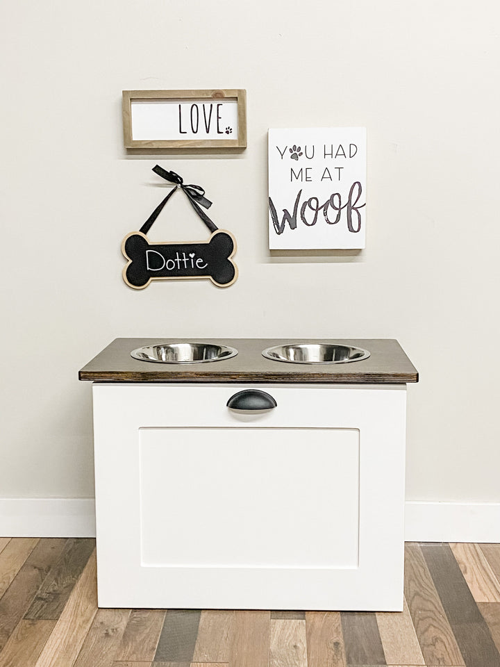 2 bowl elevated dog feeder with storage with stained top