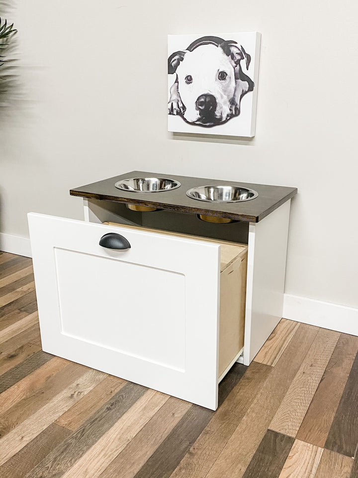 2 bowl elevated dog feeder with storage with stained top