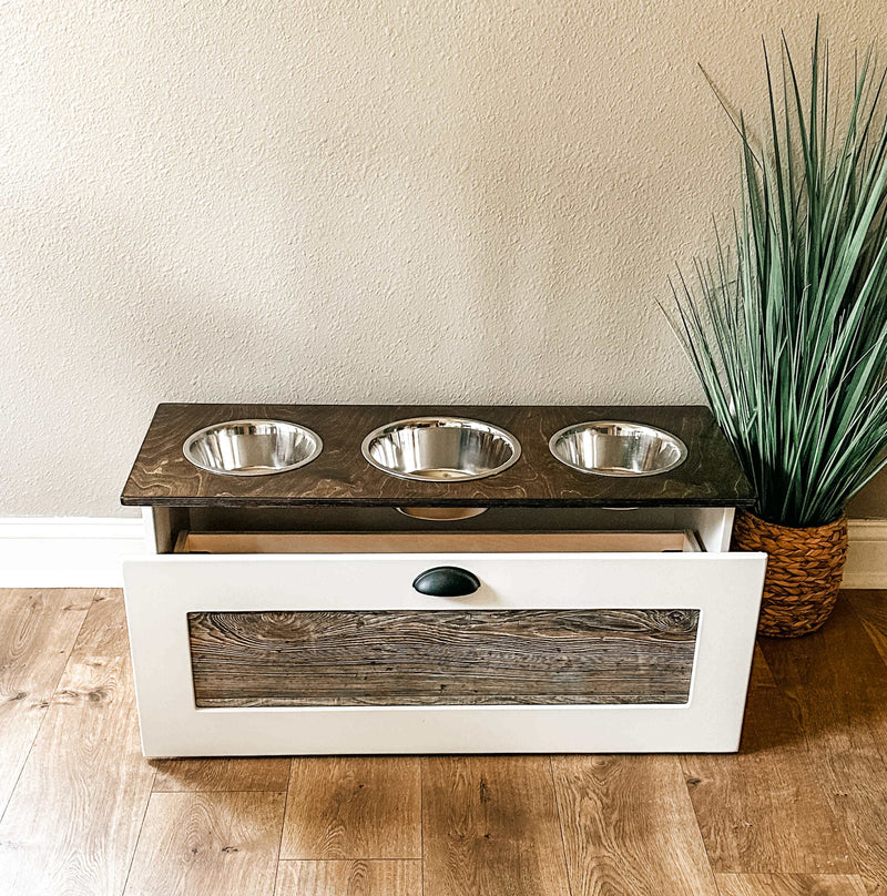 3 bowl elevated dog feeder with storage drawer (WH-Cedar look -stained DB top)