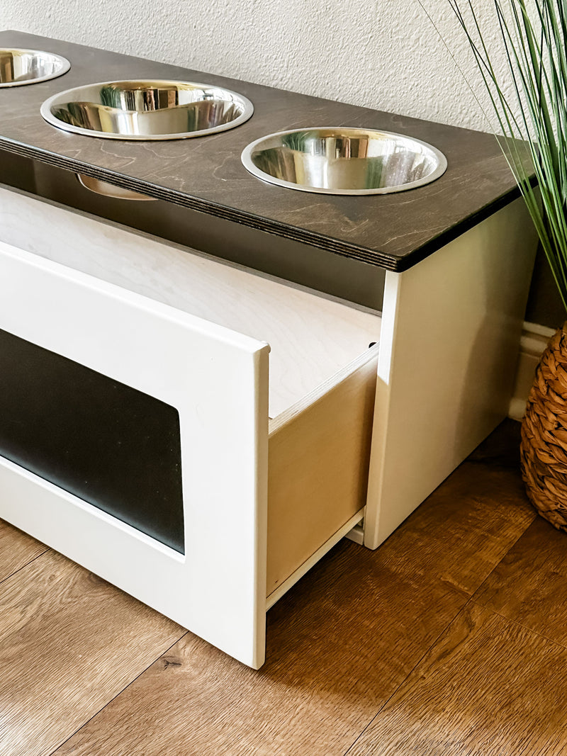 3 bowl elevated dog feeder with storage drawer (WH-Chalk-stained DB top)