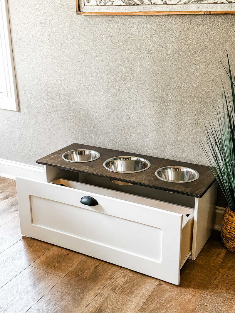 3 bowl elevated dog feeder with storage drawer (WH-flat-stained DB top)