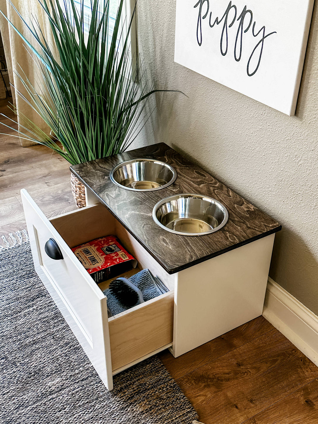 2 bowl elevated dog feeder with storage with stained top
