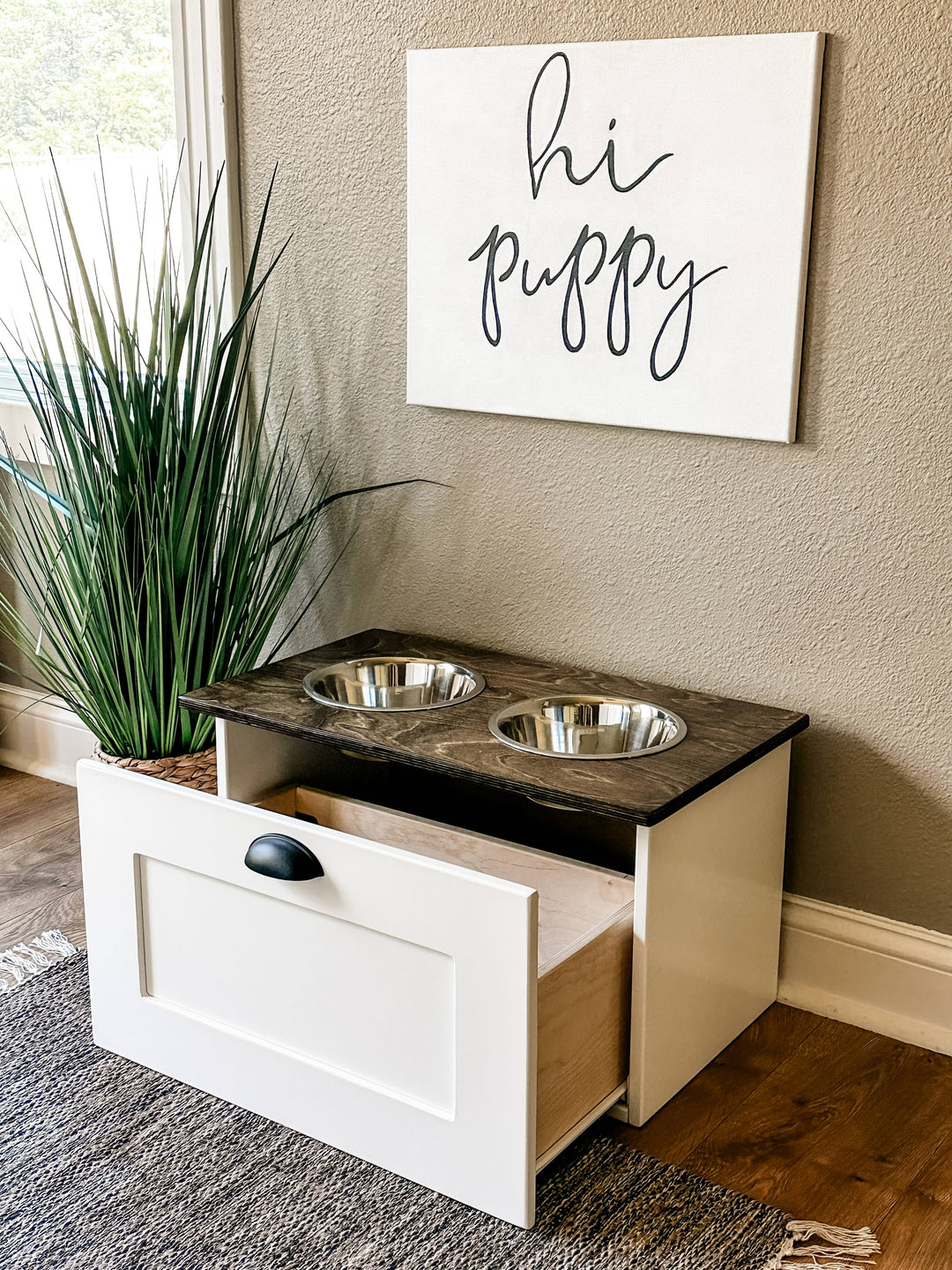 2 bowl elevated dog feeder with storage with stained top