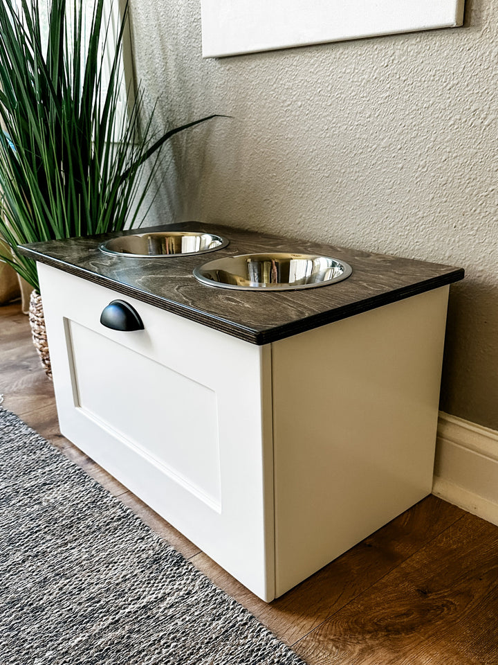 2 bowl elevated dog feeder with storage with stained top