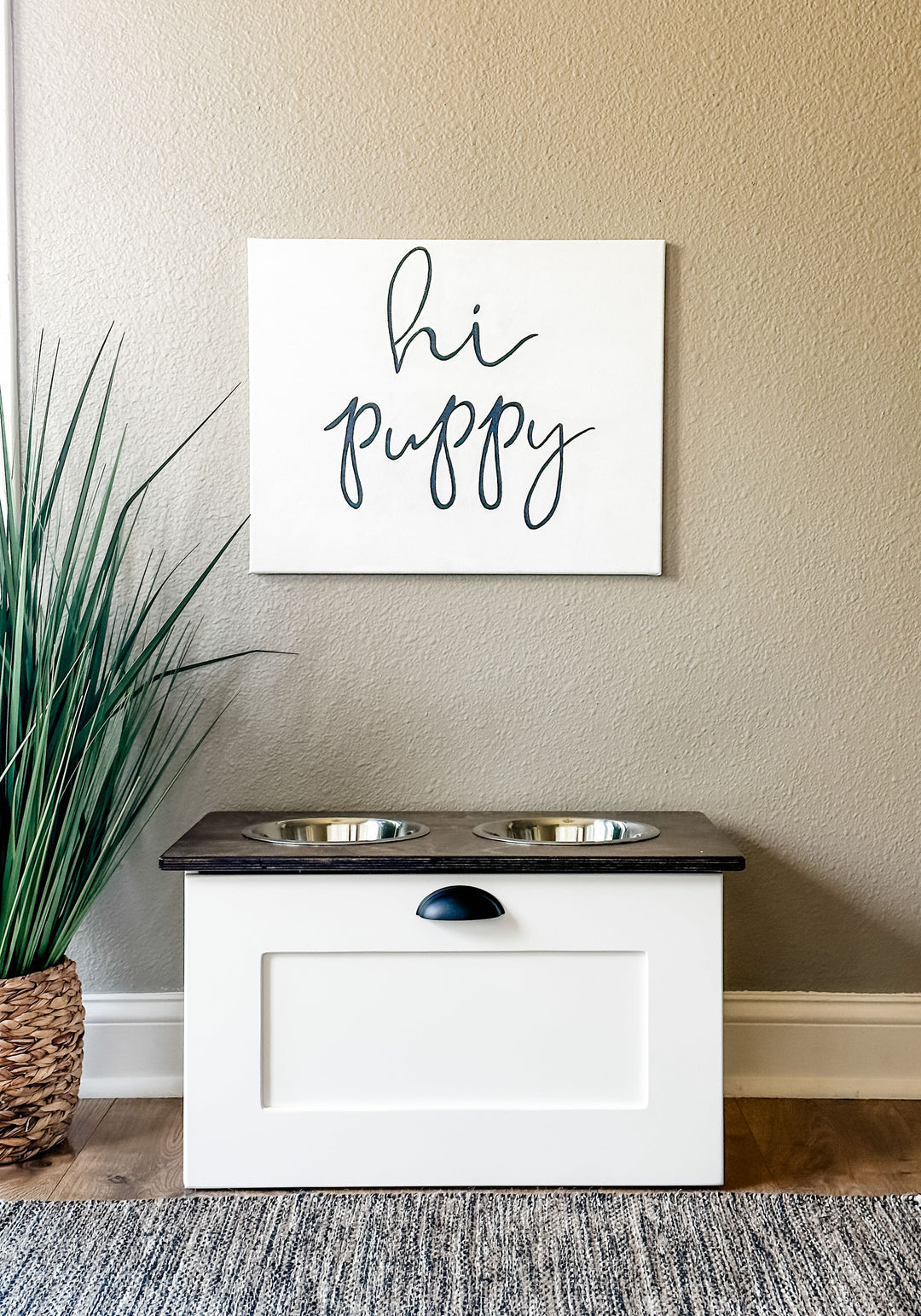 2 bowl elevated dog feeder with storage with stained top