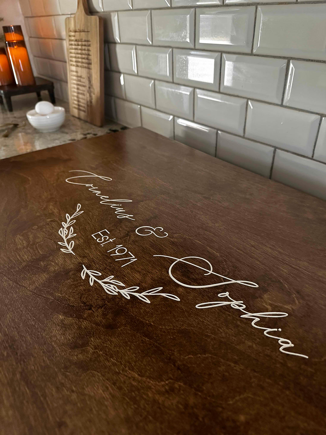 Personalized wedding stove cover, warm brown + soft white "Sophia"