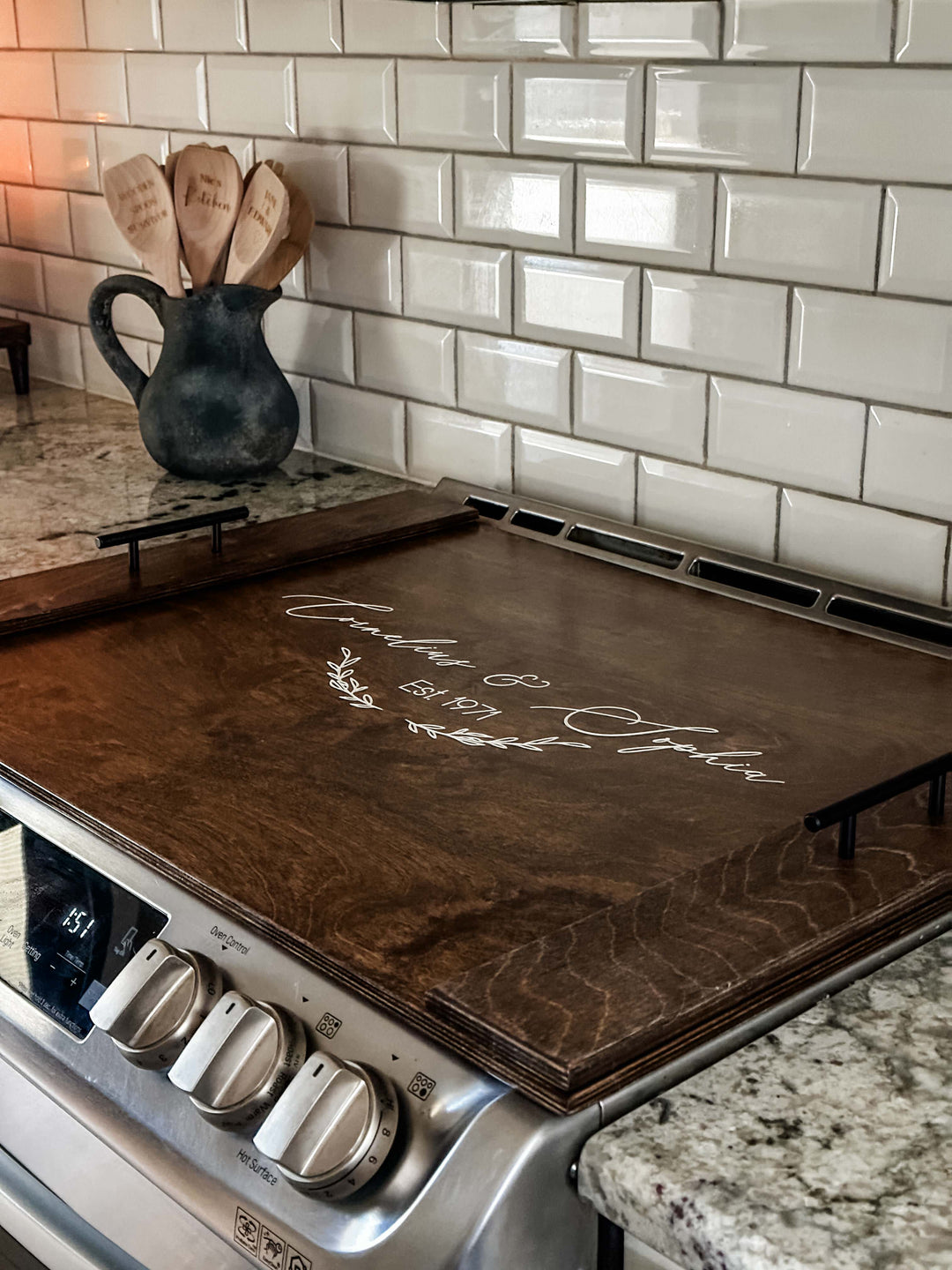 Personalized wedding stove cover, warm brown + soft white "Sophia"