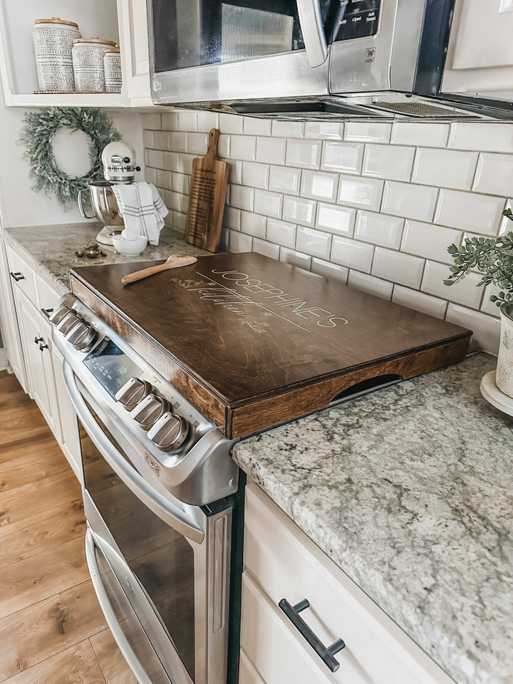 Personalized stove cover, warm brown + soft white "Josephine&