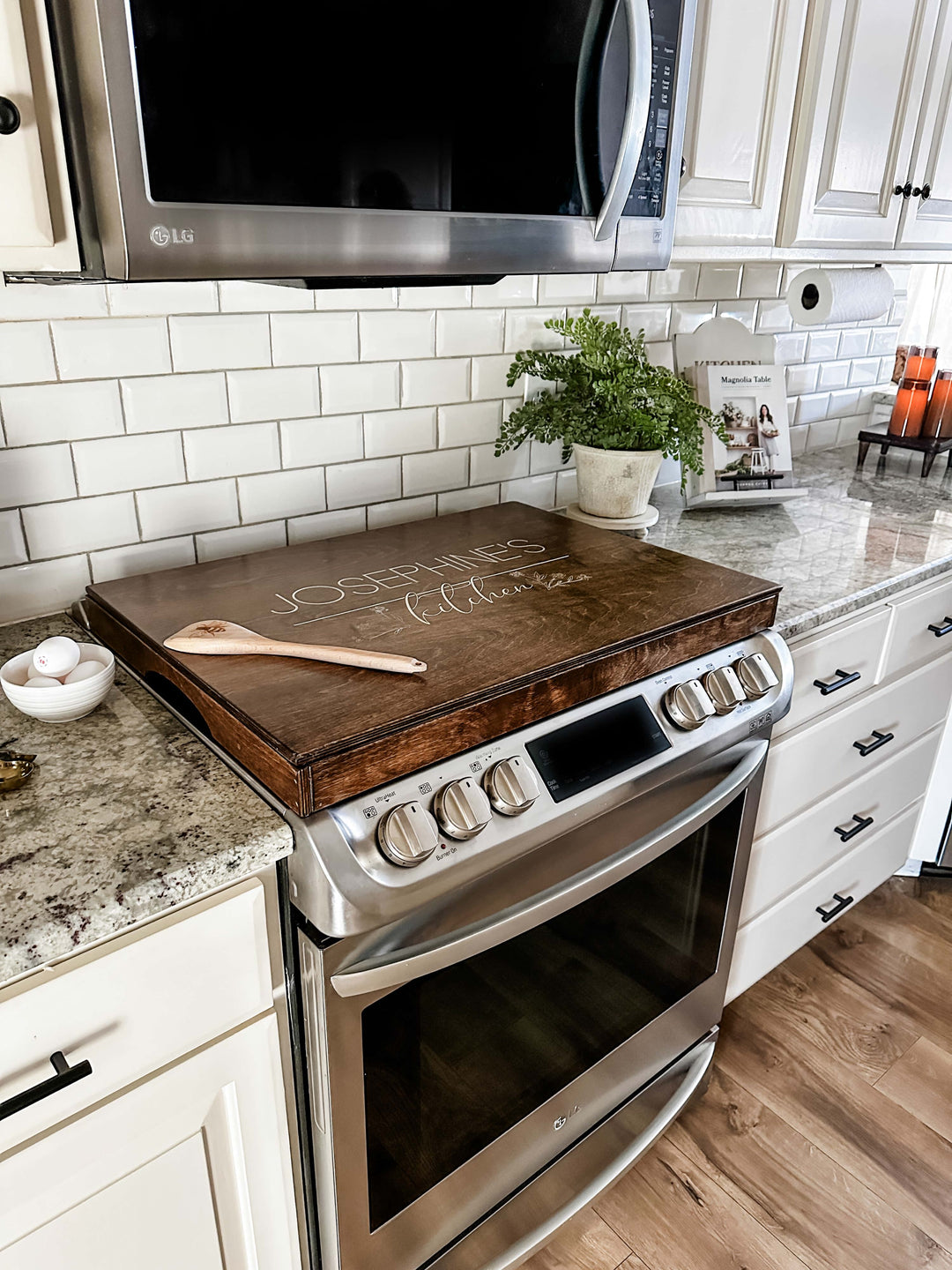 Personalized stove cover, warm brown + soft white "Josephine&